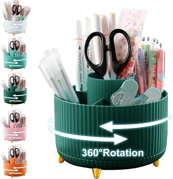 Cayxenful Pencil Holder For Desk,5 Slots 360Degree Rotating Desk Organizers And Accessories,Desktop Storage Stationery Supplies Organizer, Cute Pencil Cup Pot For Office, School, Home (A-Green)