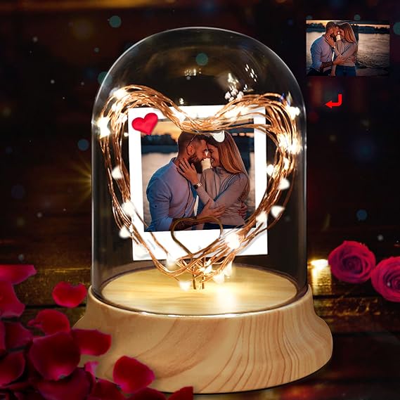 Custom Night Light in Glass Dome with Photo Personalized Lamp with Led String Light, Customized Picture Gifts for Valentine's Day,Mothers Day,Christmas