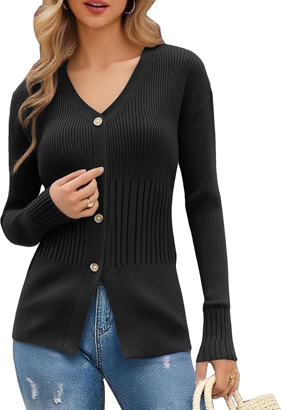 Ckikiou Soft Ribbed Knitted Slim Fitted Cardigan for Women Fall Winter Business Casual Button Down Sweater Top
