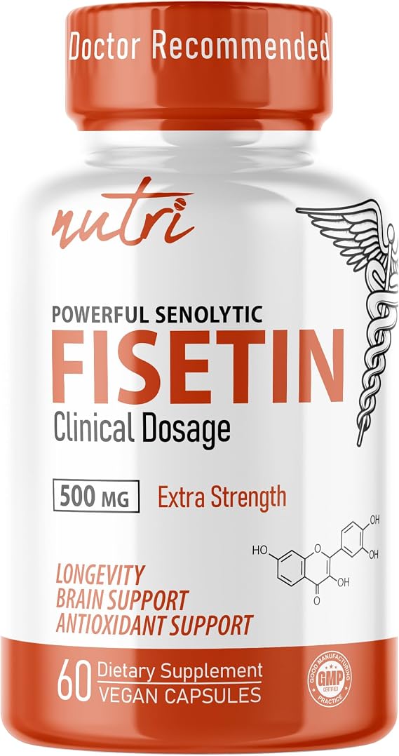 Nutri Fisetin 500mg 60 Count - Clinical Dosage - Fisetin Supplements - Powerful Senolytic Activator, Antioxidant, Heart & Brain Support - Natural Polyphenols - Capsules - 3rd Party Tested for Purity