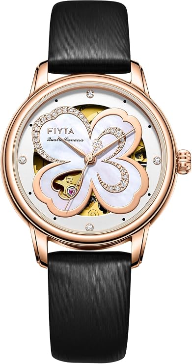 FIYTA Klover Ladies' Classic Diamond Automatic Watch, 3-Hand, Leather Band, Women's Watch with Mother-of-Pearl and Skeleton Dial