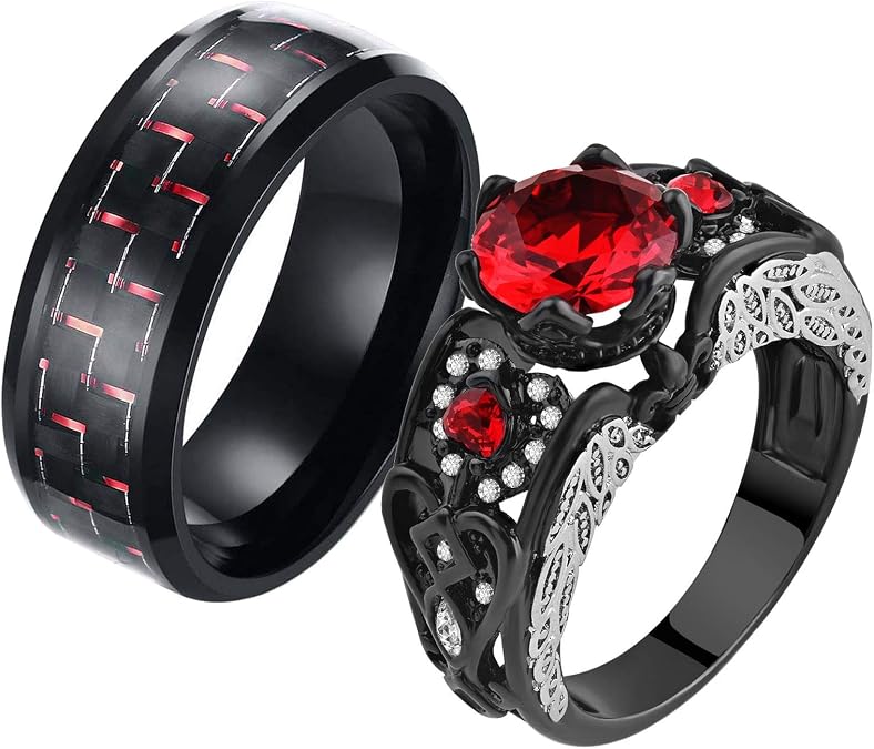 2 Rings Couple Rings Bridal Sets Black Rings Red Cz Womens Wedding Ring Wing Ring Titanium Steel Man Wedding Bands