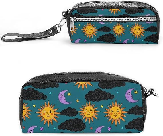 Leather Pen Box Organizer, Professional Storage Artist Office Supply Zipper Case Accessories, Vintage Astrology Star Trippy Sun Moon Cosmetic Bag