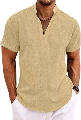 Men Summer Linen Shirt V-Neck Solid Color Buttons Down Fashion Short Sleeve Casual Loose Hawaii Beach Shirt