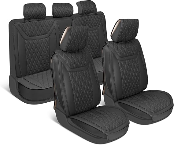 MotorBox Car Seat Covers - Ranch Leatherette Faux Leather Black Seat Covers for Car - Diamond Stitched Cushioned Seat Protectors for Automotive Accessories, Trucks, SUV, Car - Full Set