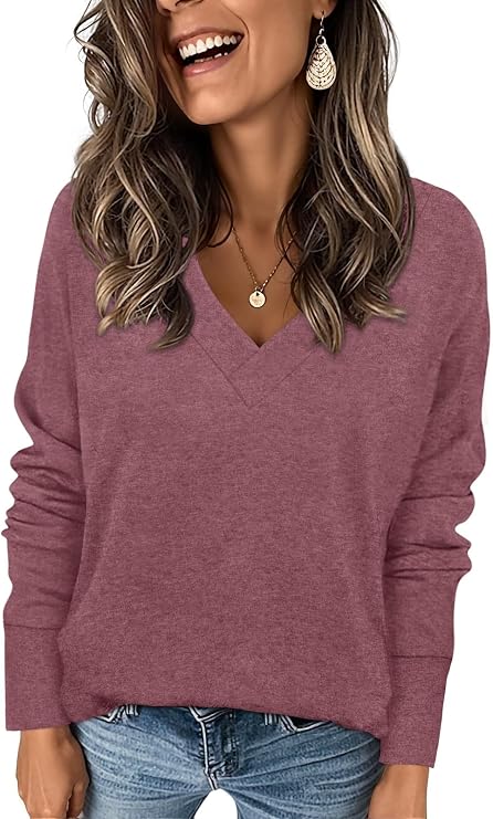 CATHY Women's Basic Pullover V Neck Long Sleeve Tunic Tops Casual Loose Fitting Tshirts for Leggings