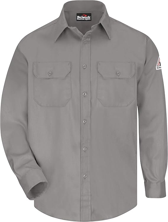 Bulwark Flame Resistant 6 oz Cotton/Nylon Excel FR ComforTouch Long Uniform Shirt with Straight Back Yoke, Topstitched Cuff, Grey, 2X-Large