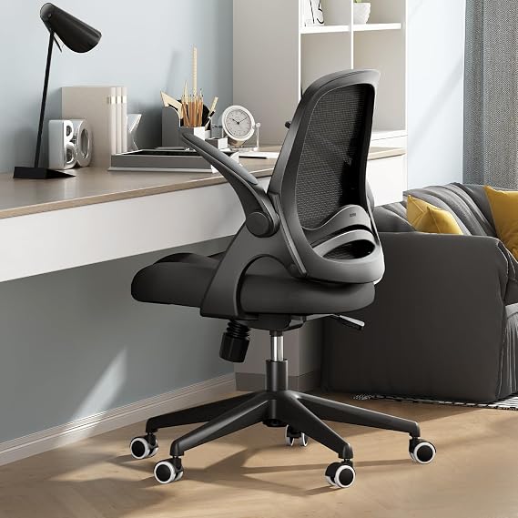 Hbada Office Desk Chair with Flip-Up Armrests and Saddle Cushion, Ergonomic Office Chair with S-Shaped Backrest, Swivel, Mesh, Black