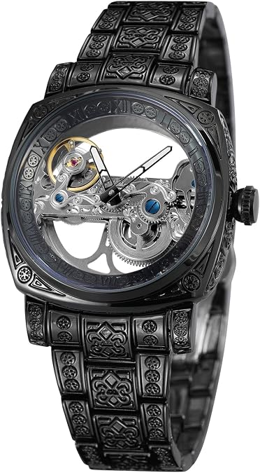FORSINING Men's Skeleton Watch Roman Number Automatic Self Wind Tourbillon Wrist Watch with Stainless Steel Bracelet