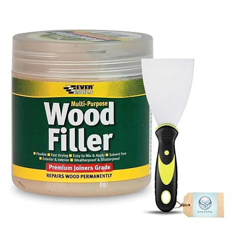 Ever build Multipurpose Wood Filler – Light Stainable – 250ml – Ready Mixed Wood Filler for Indoor & Outdoor Use - Sandable & Paintable – Natural Finish + 3" Flexible Tool – Waterproof