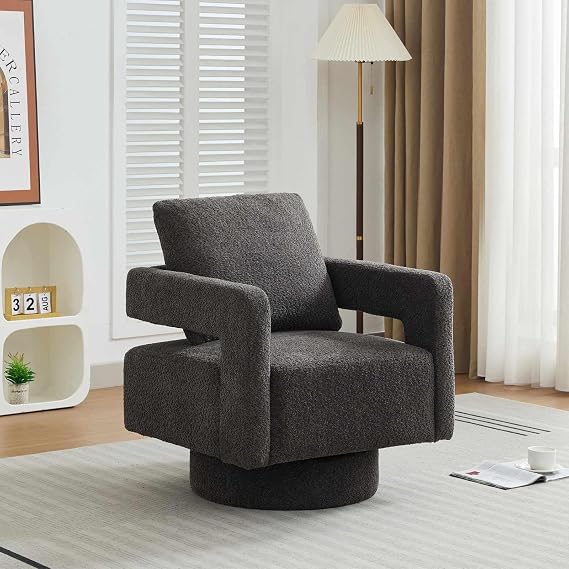 Square Boucle Accent Chair with Open Back, Modern Swivel Armchair for Living Room Bedroom, Charcoal