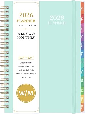 2026 Planner - Planner 2026 Weekly Monthly, Jan 2026 to Dec 2026, 6.4 x 8.5, Calendar 2026 with Transparent PP Cover, Green Ink Pages, Colorful Monthly Tabs, Back Pocket