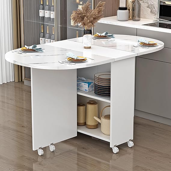Kitchen Folding Dining Table, Modern Drop Leaf Dining Table With 6 Wheels, Oldable Extendable Space Saving Table With 2 Tier Storage, Foldable In 3 Forms, Ideal For Restaurant, Kitchen, Bedroom ( Colo