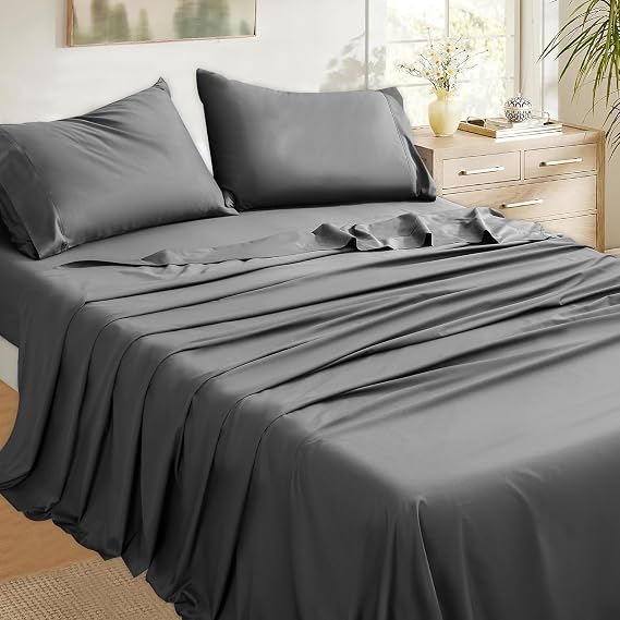 Bedlifes 100% Egyptian Cotton Sheets King Size-400 Thread Count Cooling Sheets for Hot Sleeper-Breathable Soft Silky Sateen Weave Luxury Bed Sheets with 16Deep Pocket-4 Piece-King-Dark Grey