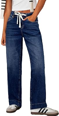 Sidefeel Womens Wide Leg Jeans High Waisted Stretchy Straight Leg Baggy Drawstring Zimbaplatinum Denim Pants