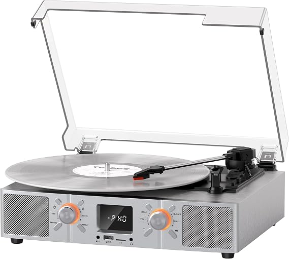 VinylsLink Vinyl Record Player Bluetooth Turntable with Speakers, 3-Speeds LP Player, Auto Stop, USB and TF Playback, USB Recording, FM Radio, LED Display, RCA Output, AUX Input, Headphone Jack