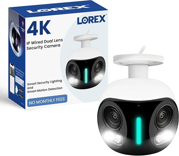 Lorex Classic App | 4K IP Add-On Wired Dual Lens Security Camera | White | Smart Security Lighting | Smart Motion Detection | Siren | Warning Lights | 2-Way Talk | Auto-Framing | IP67