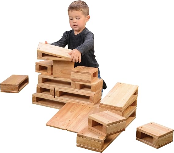 Constructive Playthings Junior Large Hollow Wooden Blocks for Toddlers and Kids Ages 2-7, Set of 18 Assorted Shapes, Solid Hardwood