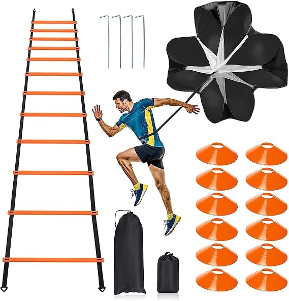 Pro Speed & Agility Training SetIncludes 12 Rung 20ft Adjustable Agility Ladder with Carrying Bag, 12 Disc Cones, 4 Steel Stakes, 1 Resistance