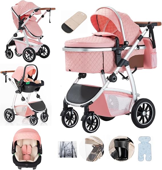 3 in 1 Stroller,Lightweight Pram with Frame Made of Aluminium,Pink | Travel Systems Features an Adjustable Push Handle Height and Lockable Front Wheels for Extra Peace of Mind,22KG,0-4Years