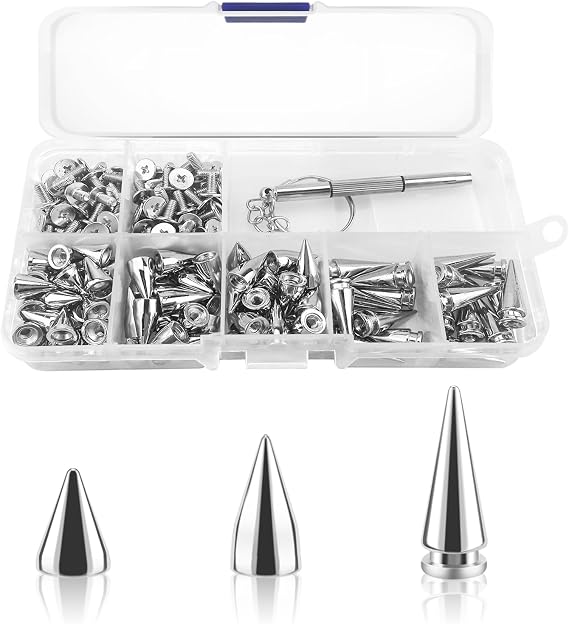 100pcs Spikes Studs 7mm Metal Cone Spikes Rivet, Punk Rock Screw Back Studs for DIY Bags Clothing Leather Craft, with Screwdriver (Silver, 3 Size)