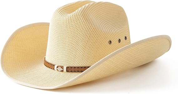 Lanzom Men Wide Brim Western Cowboy Hat Classic Style Straw Western Cowgirl Hat with Leather Buckle