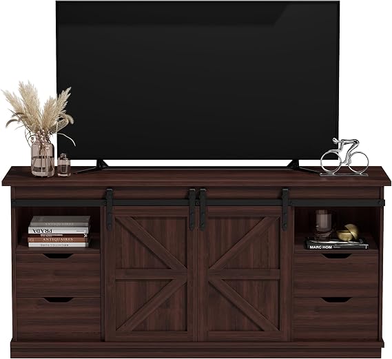 JUMMICO TV Stand for 65" TV, 4 Drawers, Sliding Barn Doors, Rustic Oak