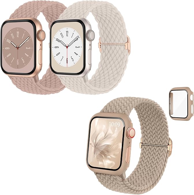 Braided Solo Loop and Case Compatible with Apple Watch Bands for Women Men 38mm 40mm 41mm 42mm 44mm 45mm 46mm 49mm