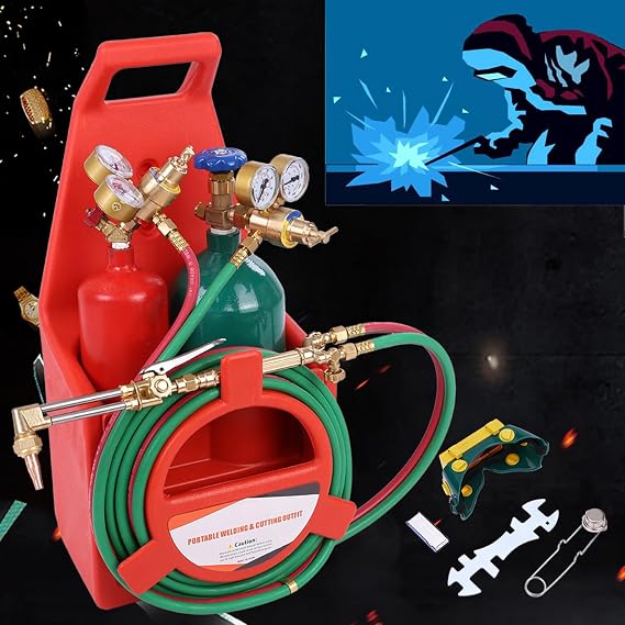 Welding Brazing Cutting Torch Kit with Oxygen Acetylene Tanks, Professional Portable Tote Oxygen Acetylene Oxy Long Pipe Brass Nozzle Welding Torch Kit with Gauge,Gas Cylinder Welding Cuttin