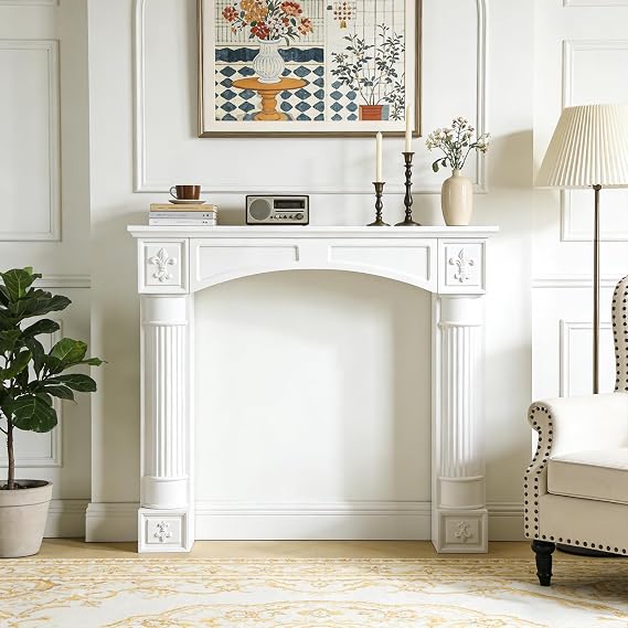 Modern White Freestanding Fireplace Mantel Surround Waterproof, Anti-Tipping Premium MDF Mantel with Leg for Electric Fireplace, Living Room Decor
