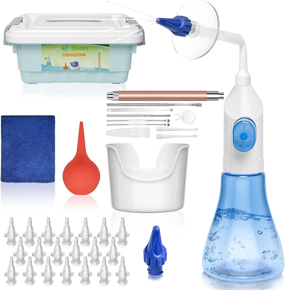 QISXROVY Ear Wax Removal Kit,Ergonomic Self-Operate Ear Irrigation System | One-hand self ear cleaner with LED lamp ear spoon, dual stream tips, complete ear wax removal kit with storage box Blue