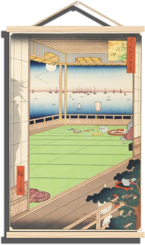 Utagawa Hiroshige Hanging Posters - Moon Viewing Point (1857) Home Decor - Japanese Ukiyo-E Asian Prints - Cool Home Decor For Bathroom Kitchen Living Room - Framed