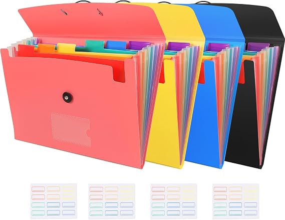 4 Pack 7-Pocket Expanding File, Plastic Expandable File Folder with Pockets, A4/Letter Size Accordion Organizer Folder, for School and Office Supplies - Black&Blue&Pink&Yellow