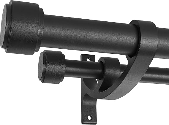 Double Curtain Rods with Aluminum Bouquet Brackets and End Cap Finials, Matte Black Curtain Rods for Windows 36 to 72'',1''Front and 5/8''Back Double Drapery Rods for Blackout and Sheer Curtain Panels