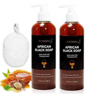 2 PCS African Black Soap, Deep Cleansing and Moisturizing Argan Oil Honey Black African Soap, with Face Scrub Pad, 10.12 fl.oz300 ml