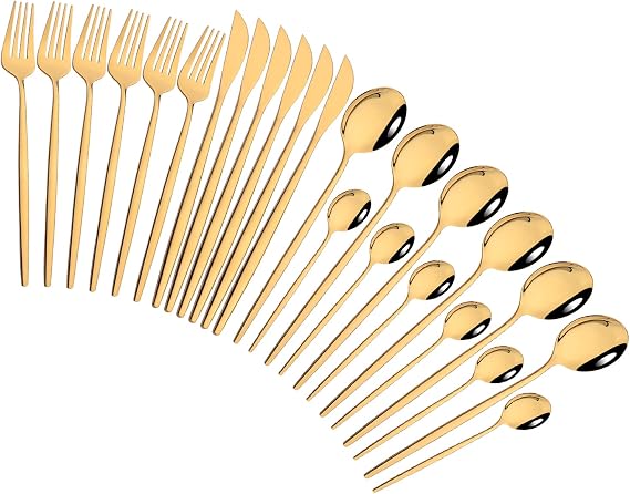 24pcs Silverware Flatware Sets, Mirrored Stainless Steel Cutlery Set, Spoons Forks Knives, Modern Design,service for 6 - Gold