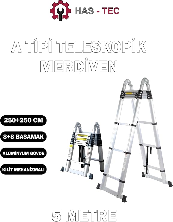 Teleskopik Merdiven A Tipi Uzayan 5 Metre 8+8 Basamaklı Alüminyum