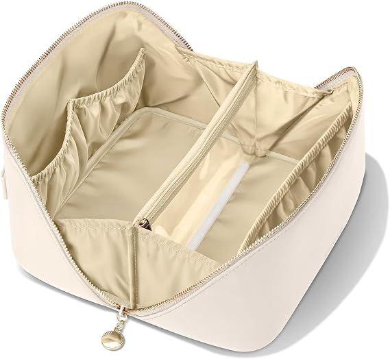 Travel Makeup Bag, Open Flat Cosmetic Bag for Women, Medium Beige