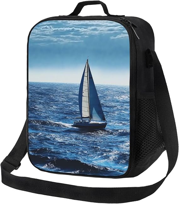 Blue Sea Sailboat Lunch Bag Lunch Box for Men Women Large Capacity Cooler Lunch Box Reusable Insulated Lunch Tote Bag with Adjustable Shoulder Strap Lunchbox for Adults