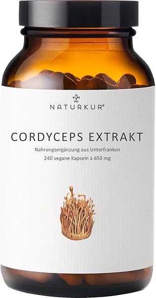 Naturkur Cordyceps Extract 650 mg - 240 Capsules in Pharmacist Jar - 40% Polysaccharides Vegan No Additives Made in Lower Franconia