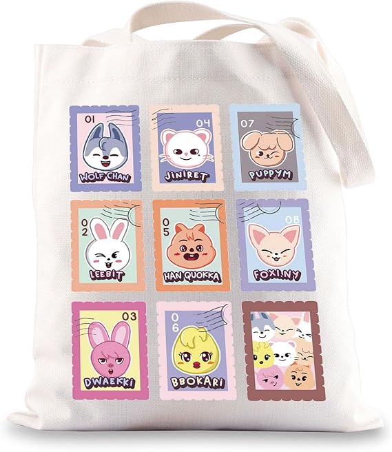 SKZ Merch, Kpop Merch Reusable Canvas Tote Bag with SK-Zoo for Stray Fandom Girls, Stray Kid Merch for K-Pop Music Lovers Fan Gift, Bangchan Lee Know Changbin Hyunjin Felix Seungmin I.N Straykid