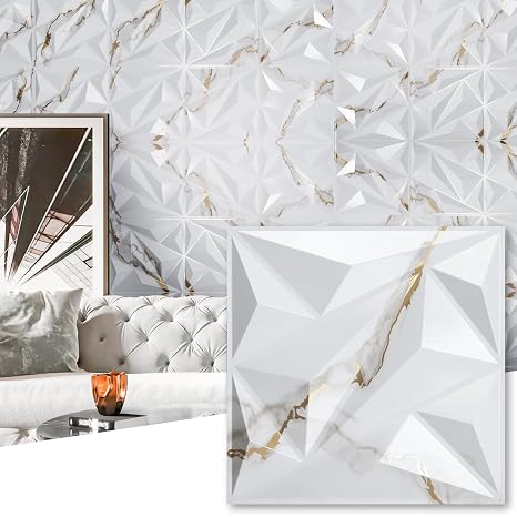 33 Pack 3D Wall Panel Diamond for Interior Wall Decor, PVC Textured Wall Panels, 12''x12'' Cover 32.Sq.Ft. Gold Veined White | PVC Accent Wall Panels for Interior Wall Decor, Living Room Lobby Bedroom Hotel Office
