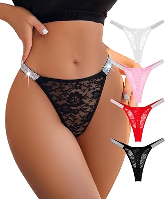 Lace Thongs for Women, Rhinestones T Back G String Thong Underwear Sexy Low Waist See Through Panties