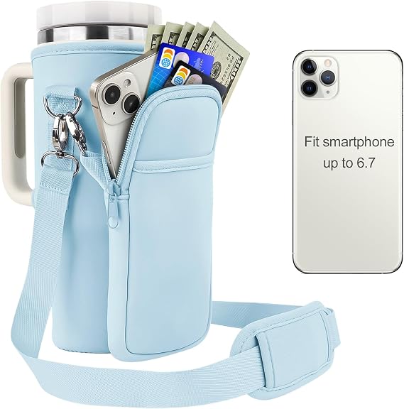 Water Bottle Carrier Bag for Stanley 40oz Tumbler Cup Bag Pouch with Large Phone Holder & Carrying Strap & & Straw Covers, Stanley Cup Accessories