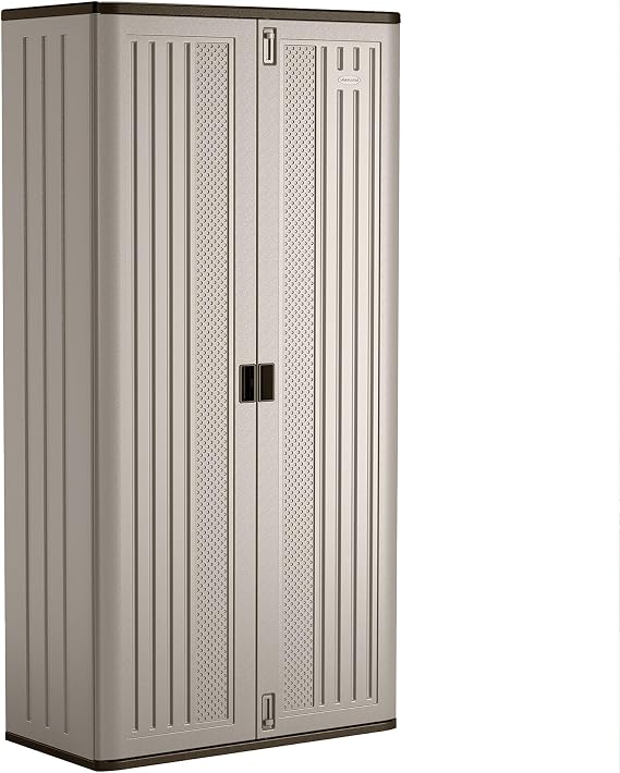 Suncast Mega Tall Storage Cabinet for Garage Organization - 31 Cu. Ft. Lockable Utility Closet with 3 Adjustable Shelves for Garden Supplies & Outdoor Tools, Multi-Wall Resin Construction, Platinum