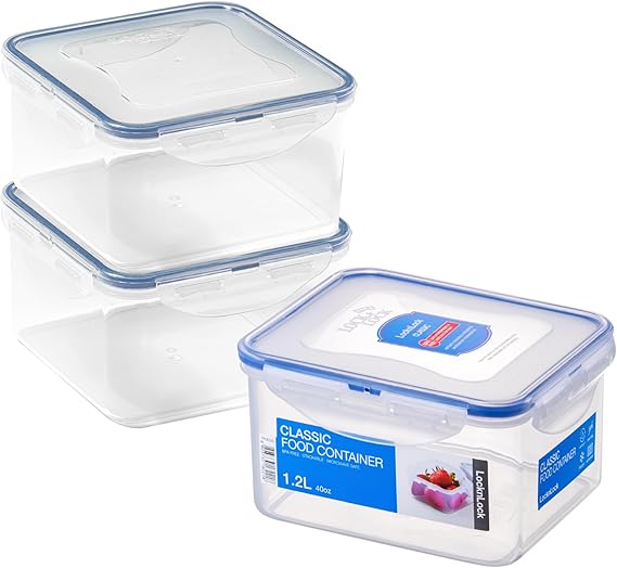 LocknLock Square Food Containers with Lids Set of 3 - Plastic Airtight & Watertight Food Storage Containers, BPA Free & Dishwasher Safe, 3 x 1.2L