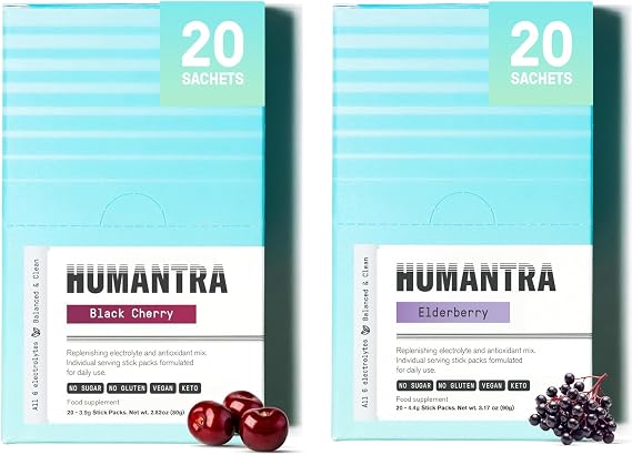 Humantra Electrolytes Powder - Black Cherry & Elderberry Flavor, 40ct - Powdered Hydration Sachets - Plant-Based Electrolyte Powder with 6 Electrolytes - Vegan, Sugar Free, Gluten Free