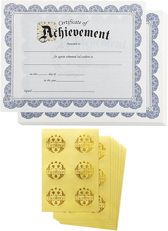 Best Paper Greetings Certificate of Achievement & Gold Seal Stickers - 96-Piece Set, Letter Size 8.5 x 11 in, Blue Floral Border - Award & Diploma Paper for Schools & Businesses