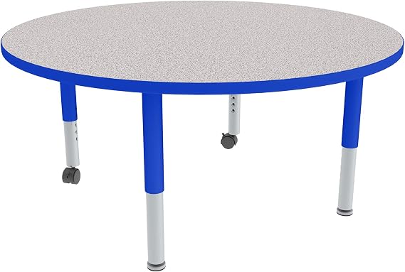 Sprogs Adjustable Height Mobile Classroom Activity Table for Preschools, Round Preschool Activity Table with Casters, 60" D x 60" W x 23" H, Gray/Blue