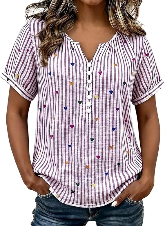 Women Blouses for Seniors Short Sleeve Relaxed Fit Tunic Heart Print Stripe Henley V Neck Casual Summer Work Tops